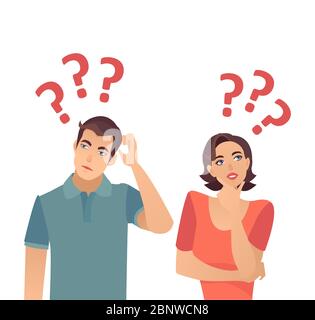 Vector of a confused young couple woman and man thinking having  many questions Stock Vector