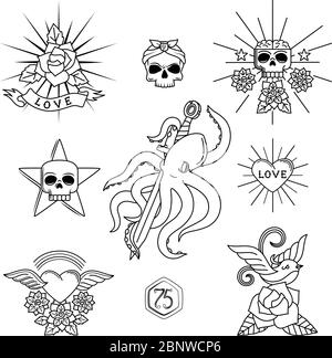 Tattoo vector elements. Linear tattoos with skull and flowers, heart, sparrow or swallow bird Stock Vector