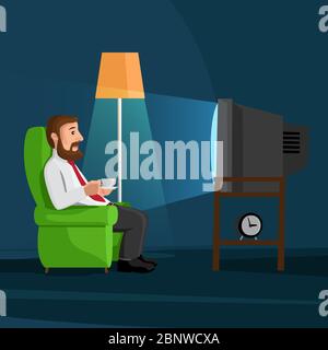 Cartoon man on sofa watches TV with coffee cup vector illustration Stock Vector