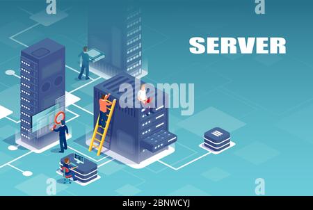 Isometric vector of network of servers and technical support personnel Stock Vector