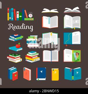 Reading book vector cartoon icons set. School and hand books, library books stack vector illustration Stock Vector