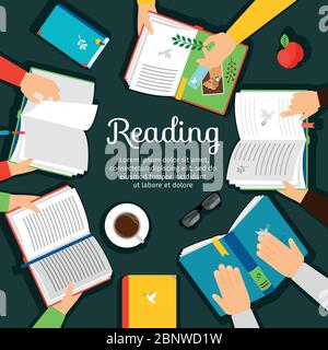 Reading club. Open books on table with hands top view vector illustration Stock Vector