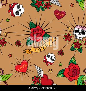 Vintage cute tattoo roses, hearts and skulls vector seamless pattern Stock Vector