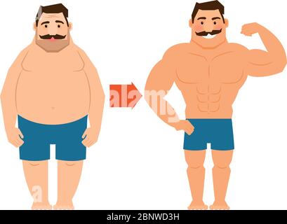 Fat and slim man with mustache. Big man and muscular man before and after weight loss vector illustration Stock Vector