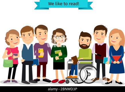 Reading books club. Vector people readers with disabled isolated on white background Stock Vector