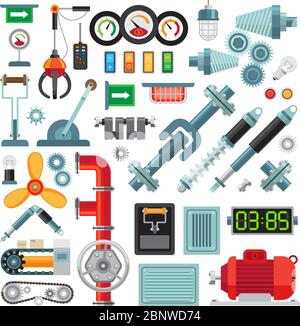 Machinery flat icons. Industrial equipment, mechanical gears and levers, machine parts Stock Vector