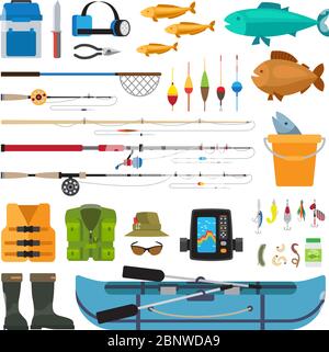 Fishing vector flat icons isolated on white background. Fishing boat, rod and equipment, landing net and spinning Stock Vector