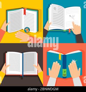 Hands holding books. Vintage paper book library vector illustration Stock Vector