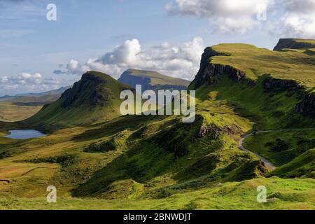 Loch Cleat & Cleat (336M) with Beinn Edra (611M centre distance) and Bioda Buidhe (466M top right) viewed from The Quiraing viewpoint, Trotternish Rid Stock Photo