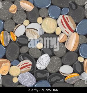 River stones seamless pattern. Rocks pebbles in beach vector background Stock Vector