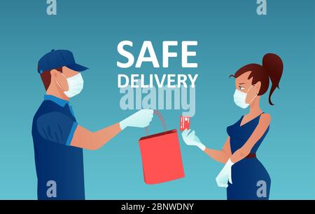 Safe food delivery at home concept. Vector of a delivery man in a face mask, wearing gloves holding a bag and a customer woman paying with credit card Stock Vector