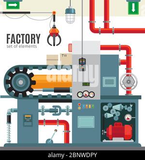Manufacturing conveyor in flat style. Machinery industrial factory packaging conveyor belt vector illustration Stock Vector