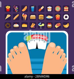 Overweight on scale concept with sweets icons. Stop eating fatty food vector illustration Stock Vector