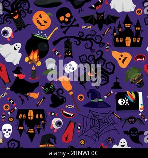 Vector seamless halloween pattern with cat and broom, old castle and spider Stock Vector