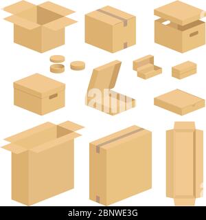 Carton box pack set. Closed and opened brown carton packing boxes vector flat items on white Stock Vector