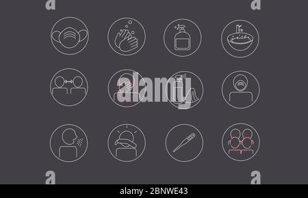 Group of icons related to coronavrius prevention and social distancing.Icons inside white circle. Vector Stock Vector