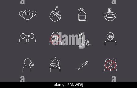 Group of icons related to coronavrius prevention and social distancing. Icons on isolated black background, Vector Stock Vector