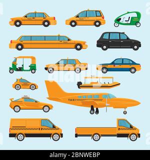 Taxi different types. Vector taxi car icons limousine and driving at night service, aircraft and rickshaw taxis Stock Vector