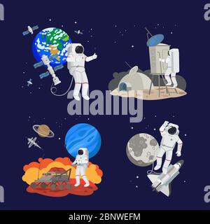 Set of astronauts in space, working and landing on different planets. Earth, mars, moon and space ships vector illustration Stock Vector