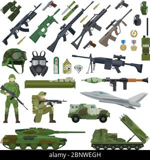 Military army USA and NATO flat icons. Ammunition and weapons, helmet and rifle, tank and military plane. Vector illustration Stock Vector