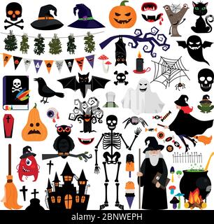 Halloween fashion flat icons isolated on white background. Halloween vector characters. Pumpkin and black cat, ghost and witch Stock Vector