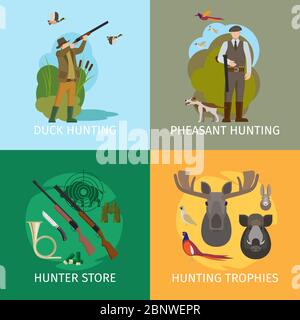 Animals hunting concepts. Wildlife duck hunt and wild boar hunting with shotgun vector illustration Stock Vector
