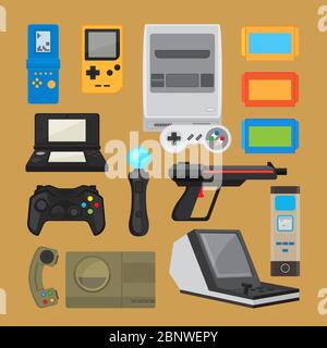 Vintage digital entertainment flat icons. Old retro game elements like joystick, cartridge and arcade game console. Vector illustration Stock Vector