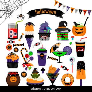 Halloween witchcraft sweets vector flat icons. Pumpkin and muffins, candy and ice cream for kids Stock Vector