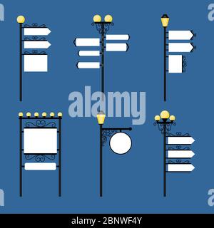 Street lights with streets read signs like arrows and frames, retro style billboards. Vector illustration Stock Vector
