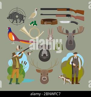 Hunting vector elements. Hunter and prey, hunting equipment and trophies Stock Vector