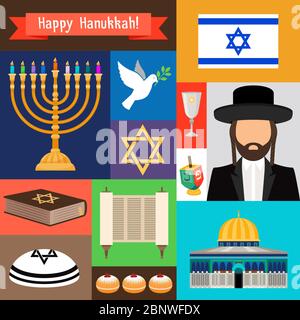 Jewish and judaism icons. Israel star and rabbi, synagogue and torah signs. Vector illustration Stock Vector