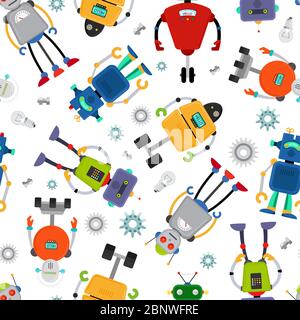 Robot pattern with cute colorful robots on white. Vector illustration Stock Vector