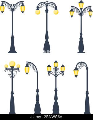 Retro streetlights vector illustration. Vintage street lamps and gas lanterns isolated on white background Stock Vector