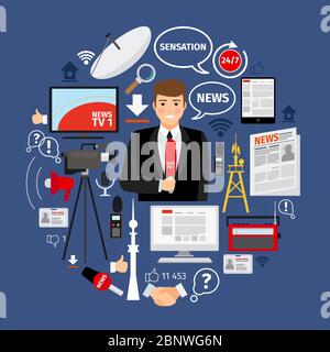News concept with flat journalist and mass media icons arranged in curcle shape. Vector illustration Stock Vector