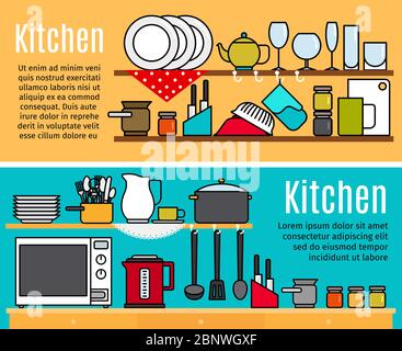 Horizontal kitchen banners templates with text. Vector illustration Stock Vector