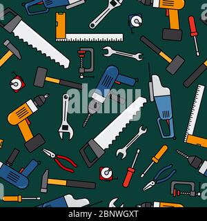 Construction work tools pattern on dark green background. Vector illustration Stock Vector