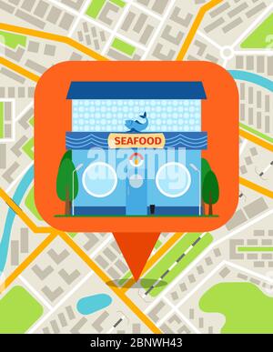 Cafe location map with map pin and cafe front. Vector illustration ...