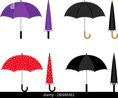 Umbrellas folded and opened collection. Black, red and violet parasol vector icons isolated on white background Stock Vector