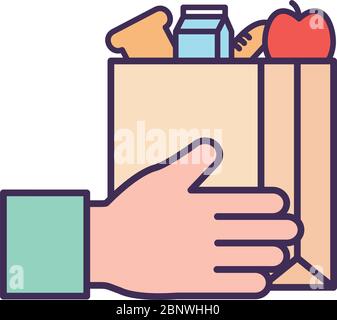Milk box apple and bread inside bag line and fill style icon vector design Stock Vector