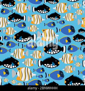 Sea pattern with different fishes on blue background. Vector underwater background Stock Vector