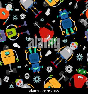 Cute robot pattern over black background. Vector illustration Stock Vector