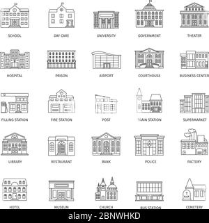 Government buildings line icons or urban municipal houses outline signs. Vector illustration Stock Vector