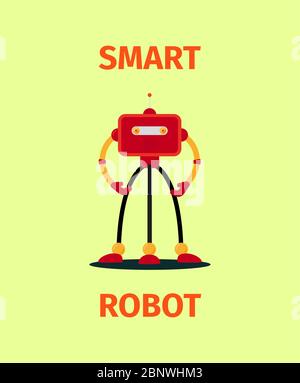 Smart red robot vector poster on light green background Stock Vector