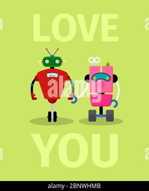 Love you card with robots on light green background, vector illustration Stock Vector