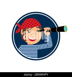 Pirate with spyglass isolated icon in circle shape. Vector illustration Stock Vector