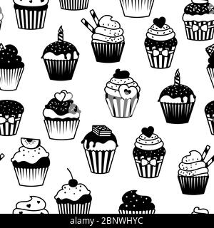 Black and white cupcakes seamless pattern. Vector muffins fabric print Stock Vector
