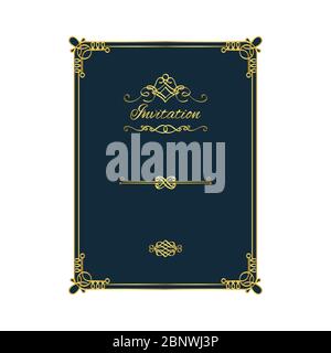 Vintage golden invitation template with blue background. Vector illustration Stock Vector