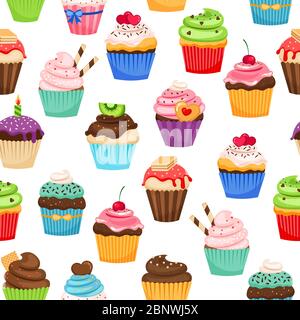 Chocolate cupcakes with pralines and cherry vector seamless pattern for holiday gift decoration Stock Vector