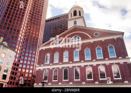 The historic landmark quincy market exterior near modern skyscrapers in the city of boson massachusetts. Stock Photo