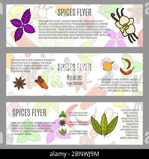 Spices horizontal flyer design with pattern and icons. Vector illustration Stock Vector